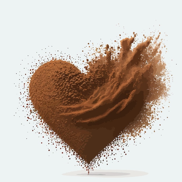 Vecteur poudre de chocolat ou de café éclaté splash explosion nuages de poussière brune abstraite et forme de coeur isolé sur fond illustration vectorielle