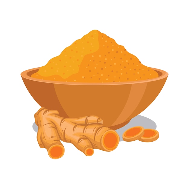 Vecteur poudre de curcuma dans le bol avec illustration de curcuma