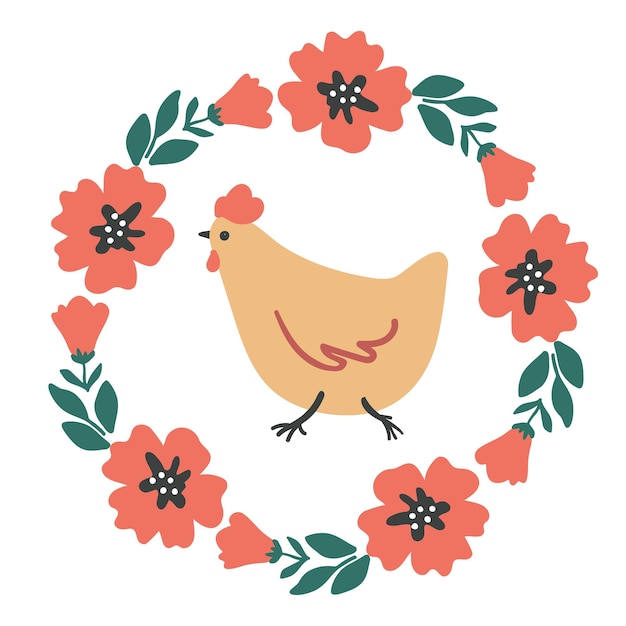 Vecteur une poule dans une couronne de coquelicots rouges illustration vectorielle