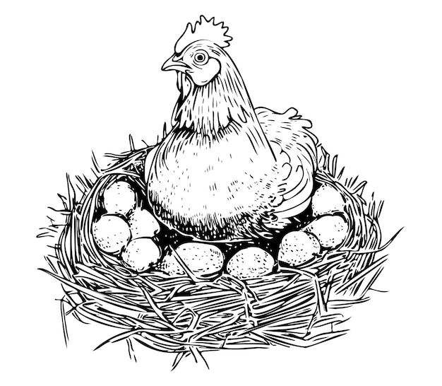 Vecteur la poule pondant des œufs dans le nid avec des œuvres illustration de croquis dessinée à la main