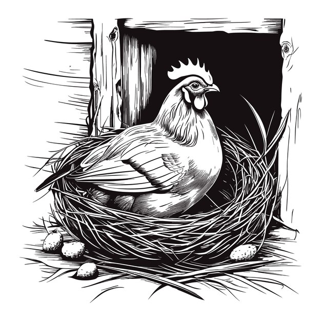 Poule vectorielle assise dans le nid croquis dessiné à la main dans une illustration vectorielle de style graphique