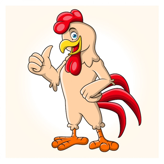 Vecteur poulet de dessin animé est debout en lui donnant un coup de pouce.