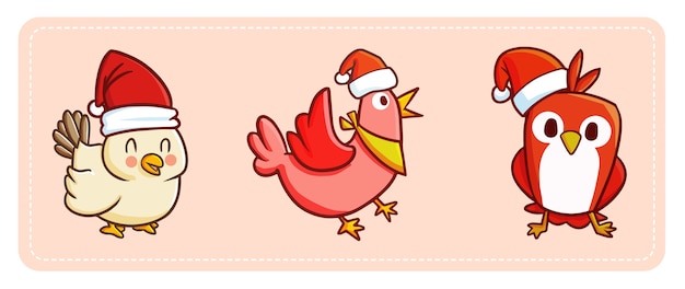 Vecteur poulet kawaii mignon et drôle et oiseau portant un chapeau de père noël pour noël