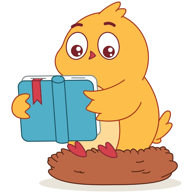 Un Poulet Mignon Qui Lit Un Livre, Un Personnage De Dessin Animé Vectoriel.