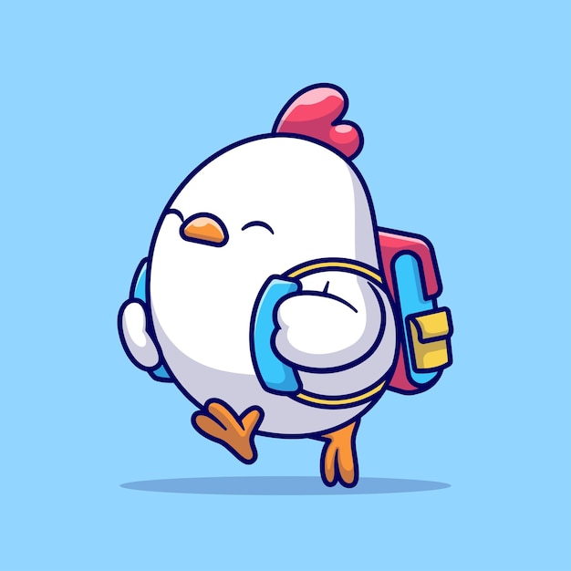 Poulet mignon qui va à l'école Vector de dessin animé Icon d'illustration Éducation animale Vector plat isolé