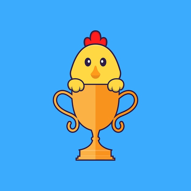 Poulet Mignon Avec Trophée D'or. Concept De Dessin Animé Animal Isolé. Style De Dessin Animé Plat