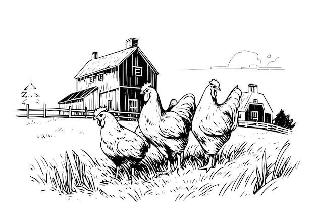 Poulets Dans Le Croquis De La Ferme Paysage Rural En Illustration Vectorielle De Style Gravure Vintage