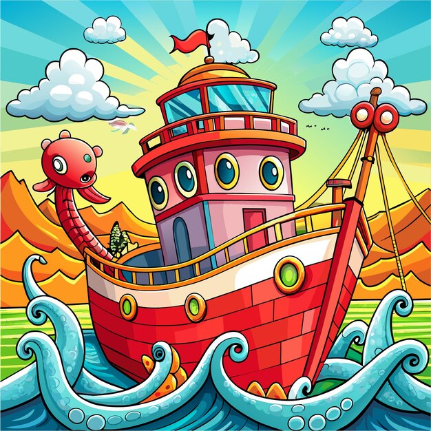 Vecteur poulpe sur le pont du navire mascotte dessinée à la main personnage de dessin animé autocollant icône concept illustration isolée