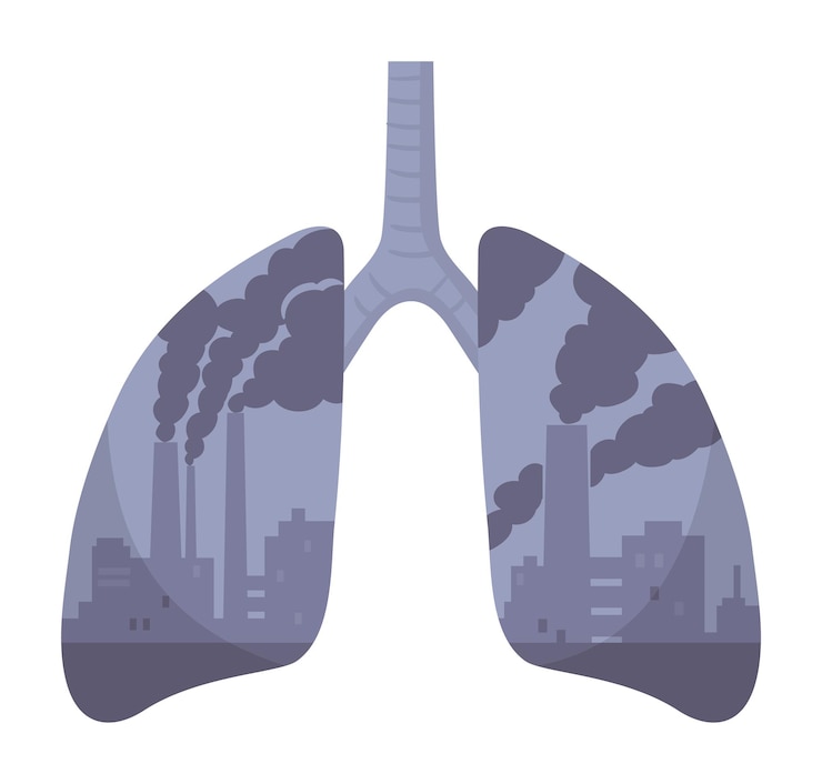 Vecteur poumons pollués dessin animé système respiratoire malsain pollution environnementale poumons humains métaphore illustration vectorielle plate concept de pollution par le smog d'usine industrielle