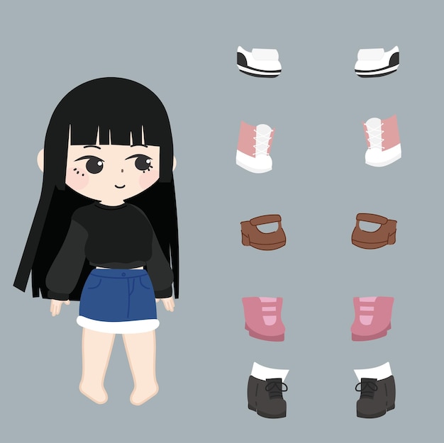 Une Poupée Adolescente Avec Divers Et Chaussures Dans Le Style Des Dessins De Personnages Inspirés D'anime Minimalis