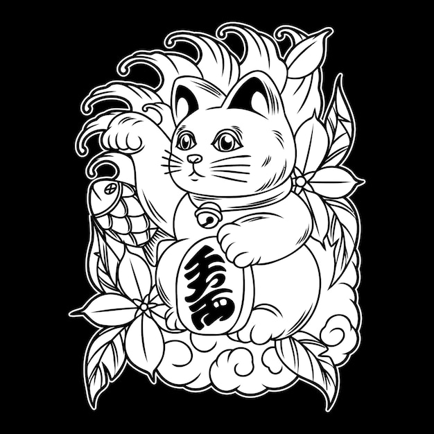 Poupée japonaise Maneki Neko illustration noir et blanc