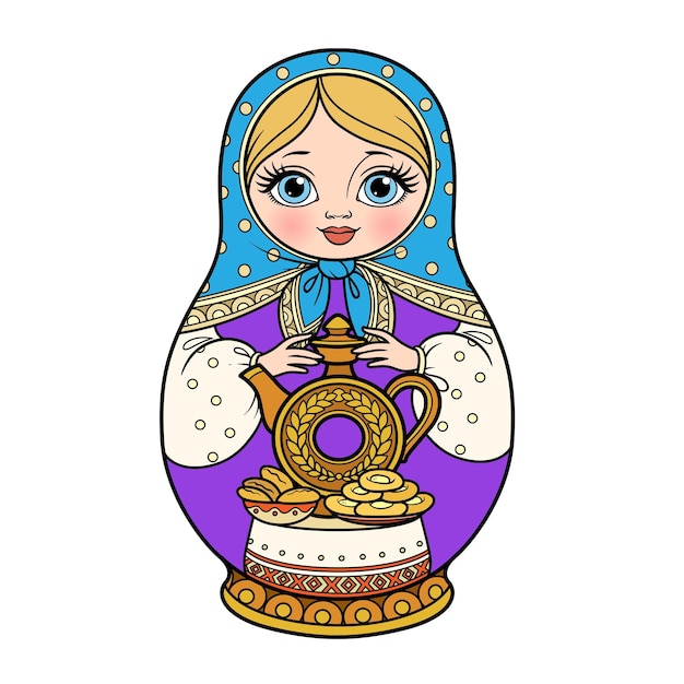 Vecteur poupée de nid traditionnel russe matrioshka avec pichet en terre cuite pour kvas et tartes variation de couleur bleu et violet pour coloriage isolé sur fond blanc