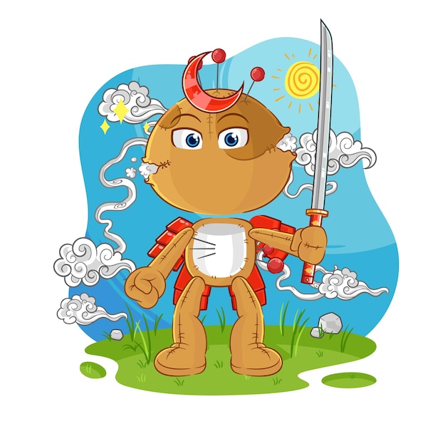 Poupée vaudou, samouraï, dessin animé, mascotte, vecteur