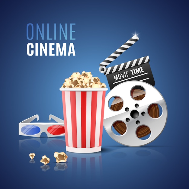 pour le cinéma en ligne avec pop-corn, pellicule et lunettes.