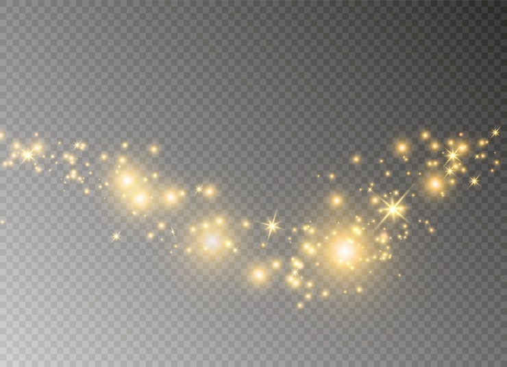 Vecteur poussière jaune. effet bokeh. une belle lumière clignote. les particules de poussière volent dans l'espace. rayons lumineux horizontaux. des stries rougeoyantes de poussière sur un fond transparent.
