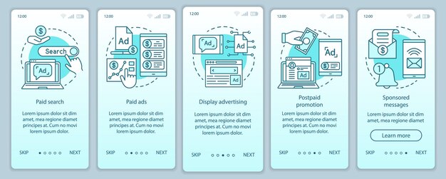 Vecteur ppc canalise le modèle vectoriel d'écran de page d'application mobile d'intégration turquoise. marketing des médias, étapes du site web pas à pas des réseaux publicitaires avec illustrations linéaires. ux, ui, concept d'interface de smartphone gui