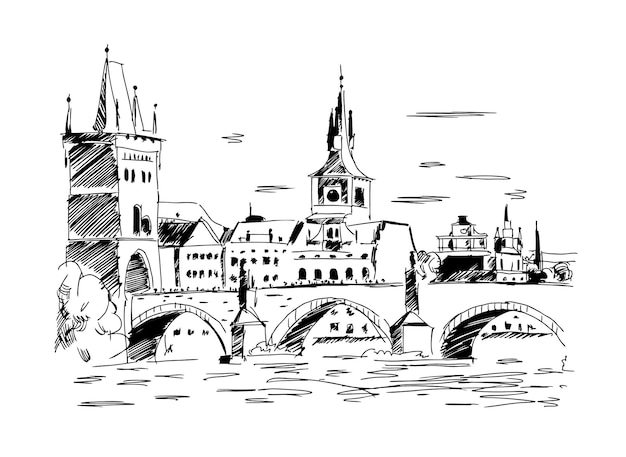 Prague République tchèque Landmark Charles Bridge Vector illustration en une seule couleur