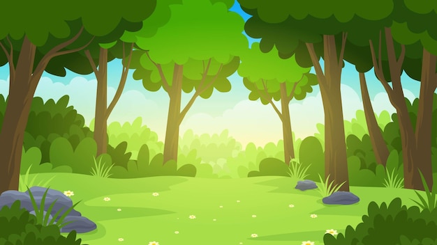 Vecteur prairie au milieu de l'illustration de vecteur de dessin animé de forêt