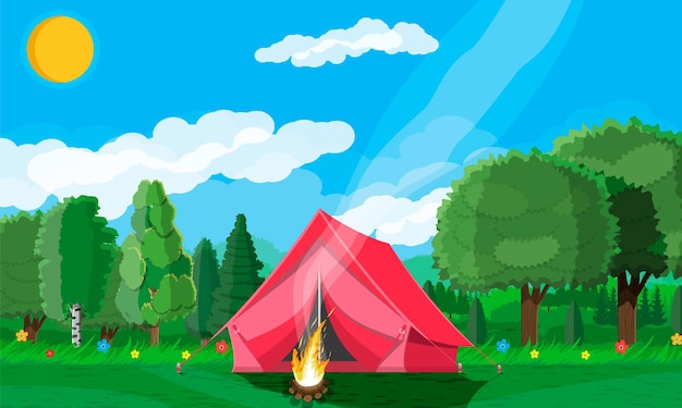 Prairie avec herbe et camping. Tentes et feu de camp. Concept de paysage d'été. Forêt verte et ciel bleu. Campagne vallonnée. Collines, arbres fleuris à l'horizon. Style plat d'illustration vectorielle