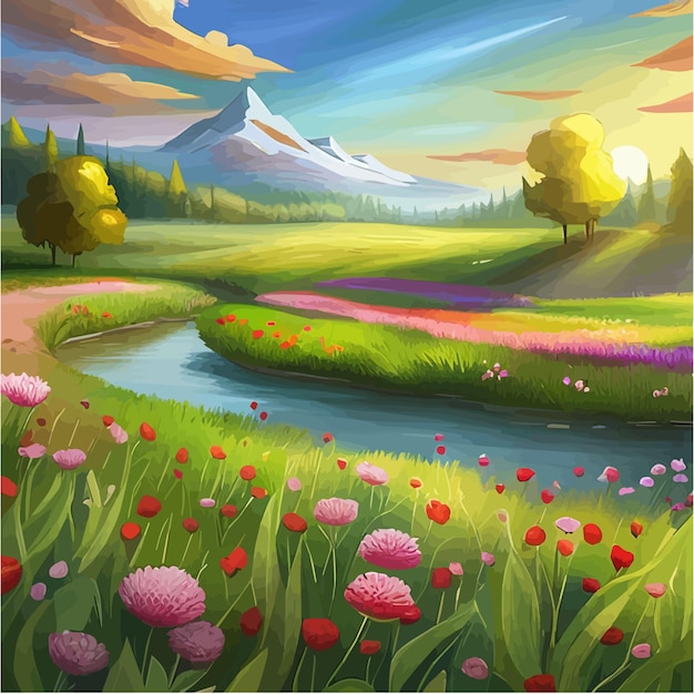 Vecteur une prairie pittoresque avec des fleurs sauvages en fleurs et une chaîne de montagnes en arrière-plan