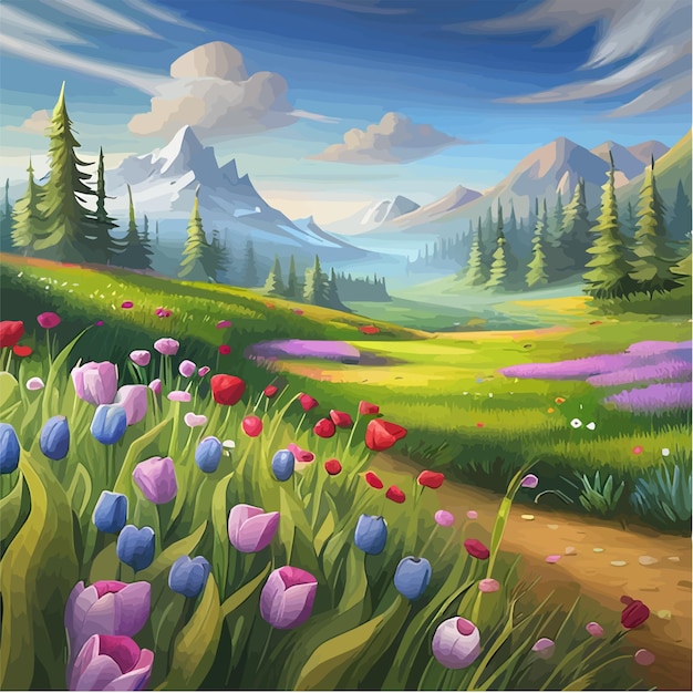 Vecteur une prairie pittoresque avec des fleurs sauvages en fleurs et une chaîne de montagnes en arrière-plan