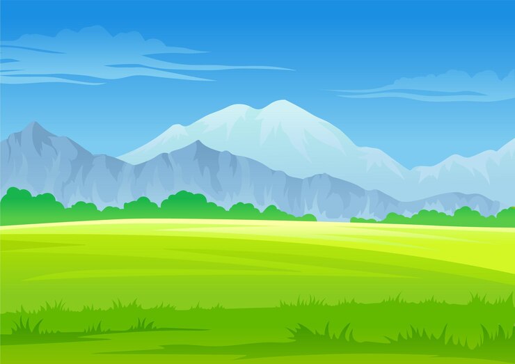 Vecteur prairie verte avec herbe et buissons et hautes montagnes grises illustration vectorielle sur fond blanc