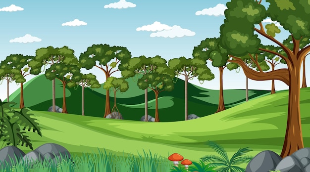 Prairie vierge à la scène de jour avec divers arbres forestiers