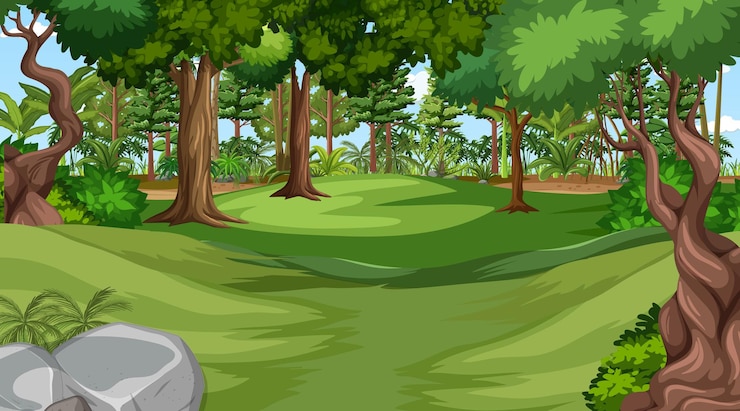 Vecteur prairie vierge à la scène de jour avec divers arbres forestiers