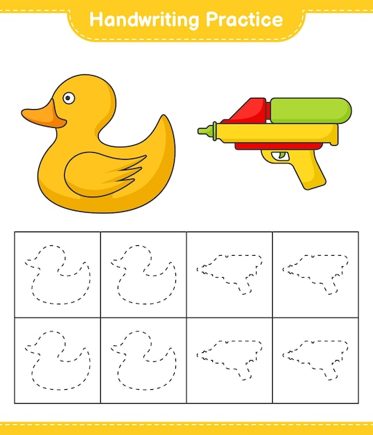 Pratique De L'écriture Manuscrite. Tracer Des Lignes De Canard En Caoutchouc Pour Bébé Et De Pistolet à Eau. Jeu éducatif Pour Enfants, Feuille De Calcul Imprimable, Illustration Vectorielle