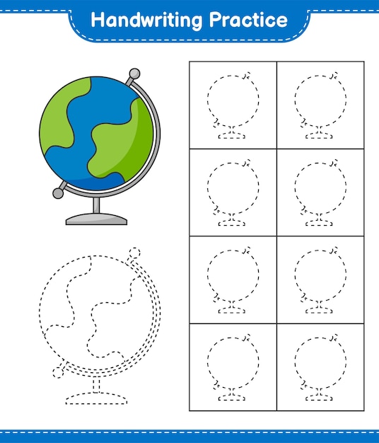 Pratique de l'écriture Traçage des lignes de Globe éducatif enfants jeu imprimable feuille de calcul illustration vectorielle