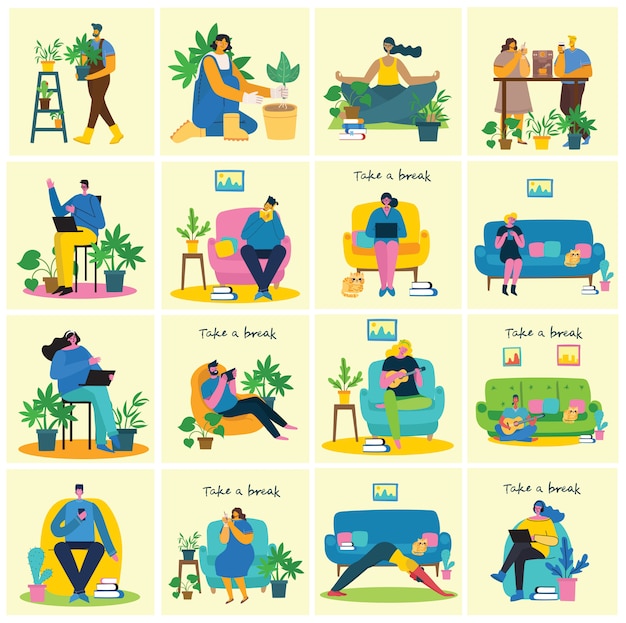 Prenez une illustration de collage de pause. Les gens se reposent et boivent du café, utilisent une tablette sur une chaise et un canapé. Style plat.