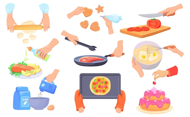 Vecteur préparation du processus alimentaire mains avec des pinces cuisson de la viande ou des légumes coupés pour les ingrédients de la salade préparer la pâte pour cuire le gâteau préparation du rouleau à main pizza illustration vectorielle soignée