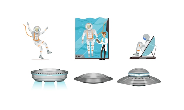 La préparation de la mission spatiale et les vaisseaux spatiaux UFO mettent en place l'appareil vestibulaire d'entraînement de l'astronaute masculin sur la machine de simulation illustration vectorielle de style plat