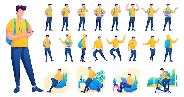 Présentation dans diverses poses et actions de caractère. Les jeunes hommes. Illustration vectorielle de caractère plat 2D N1.