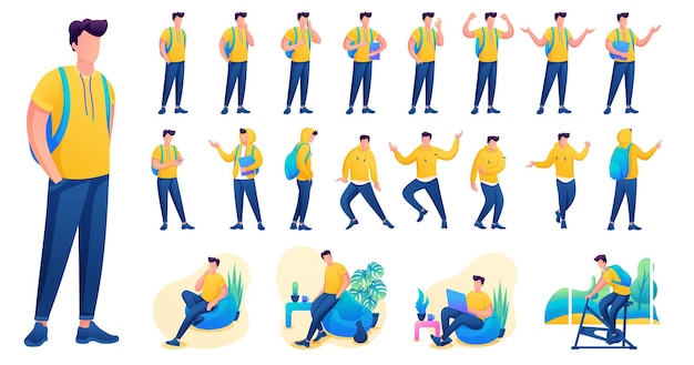 Présentation dans diverses poses et actions de caractère. Les jeunes hommes. Illustration vectorielle de caractère plat 2D N2.