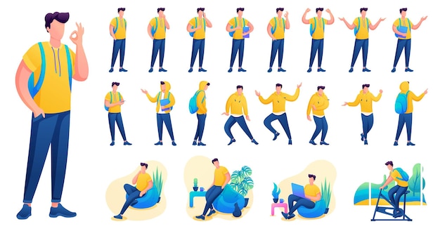 Présentation dans diverses poses et actions de caractère. Les jeunes hommes. Illustration vectorielle de caractère plat 2D N6.
