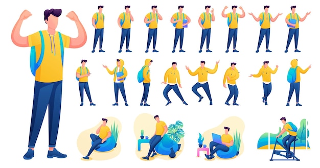 Présentation dans diverses poses et actions de caractère. Les jeunes hommes. Illustration vectorielle de caractère plat 2D N8.