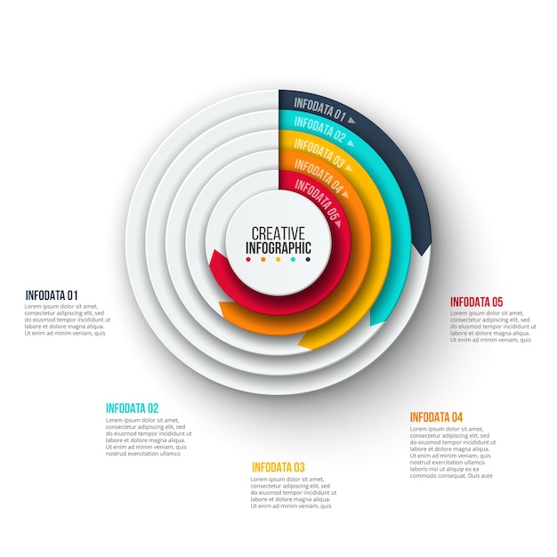 Vecteur présentation de diapositives infographiques. concept de visualisation de projet d'entreprise avec 5 options ou étapes.