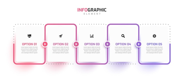 Présentation Infographique De La Chronologie Des Affaires Minimale Avec L'option Et L'icône De La Flèche De Dégradé De Ligne 5