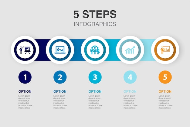 Vecteur présentation en ligne présentation graphique d'audience icônes de présentation d'entreprise modèle de mise en page de conception infographique concept de présentation créative avec 5 étapes