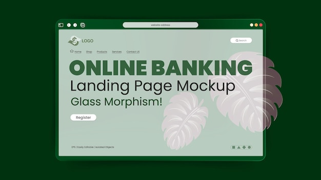 Présentation de maquette de page d'atterrissage bancaire en ligne avec effet de morphisme de verre glacé en vert foncé