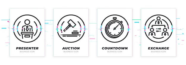 Présentation, Vente Aux Enchères, Compte à Rebours, échange. Jeu D'icônes Noires Glitch Thème Affaires. Objets Vectoriels évolutifs Sur Fond Transparent. Style Glitch Déformé Moderne.