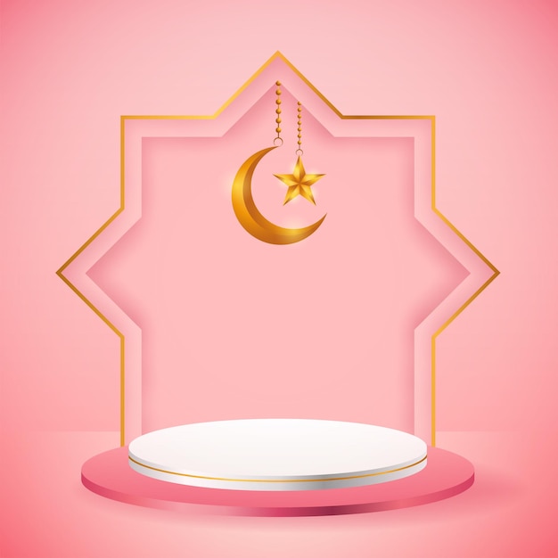 Présentoir de produit 3D, islamique sur le thème du podium rose et blanc avec croissant de lune et étoile pour le ramadan