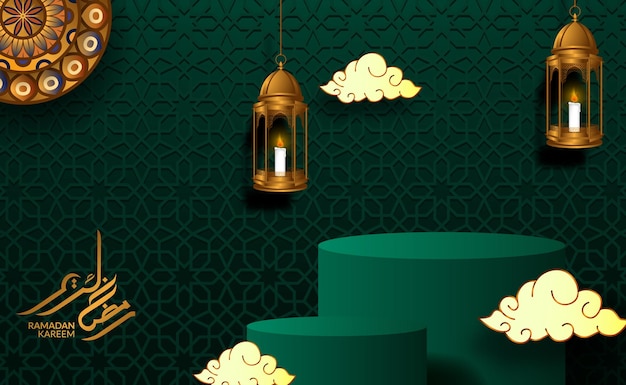 Présentoir De Produits De Podium De Cylindre Pour Ramadan Kareem Mubarak Avec Couleur Verte, Motif Islamique, Décoration De Lanterne Dorée Suspendue. Saint Et Religieux