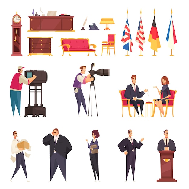 Vecteur présidentiel résidence officielle lieu de travail personnel meubles accessoires drapeaux d'état podium discours journalistes plat dessin animé ensemble illustration vectorielle