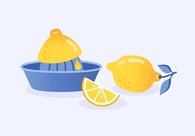 Vecteur presse-agrumes le processus de fabrication de limonade illustration citron avec des feuilles de style plat