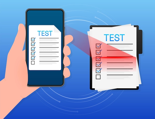Presse-papiers avec examen en ligne sur fond bleu Illustration vectorielle