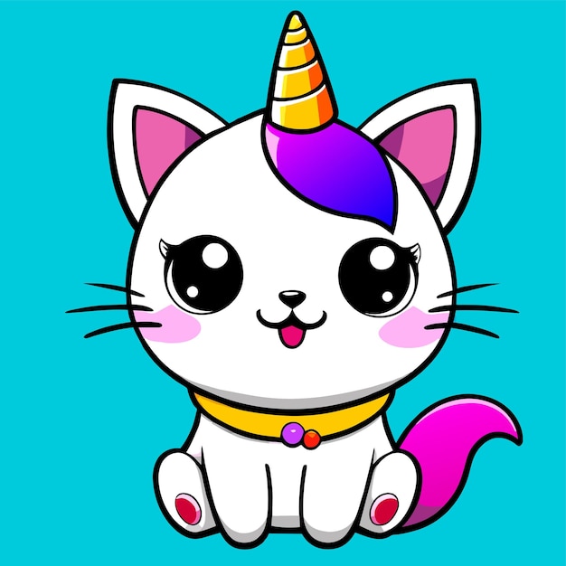 Pretty Cat Unicorn Dessiné à La Main Plat élégant Autocollant De Dessin Animé Icon Concept Illustration Isolée