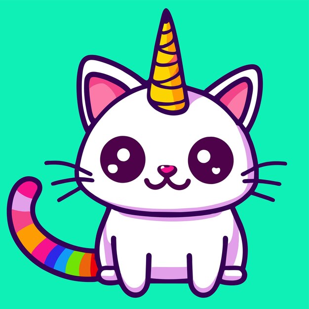 Pretty cat unicorn dessiné à la main plat élégant autocollant de dessin animé icon concept illustration isolée