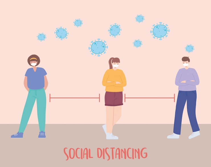 Vecteur prévention de la distanciation sociale des coronavirus, les personnes ayant un masque facial gardant la distance
